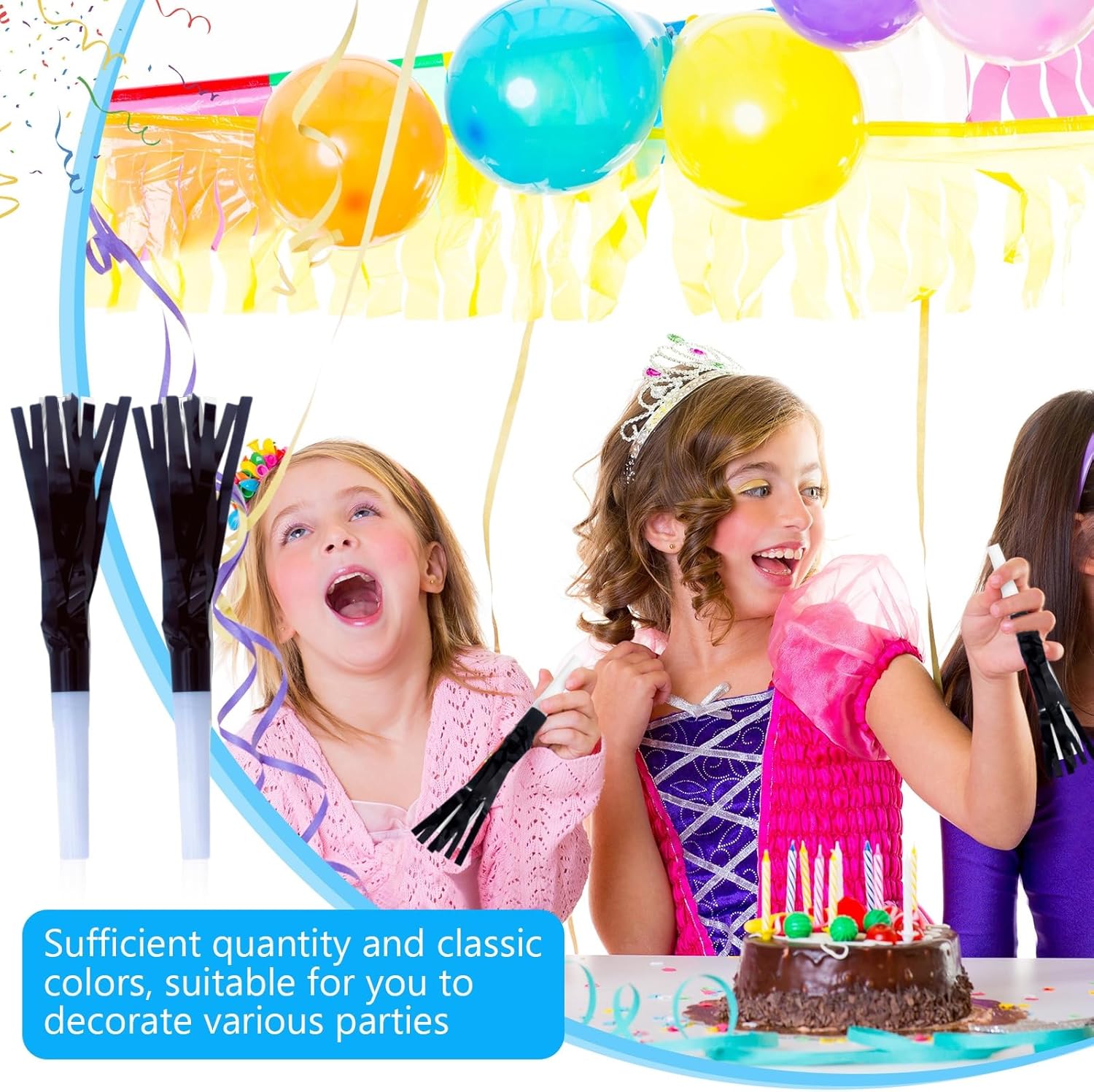 Metallic Fringed Noise Makers, 24 Pcs, Black, for Baby Shower, Kids Birthday, New Year Party