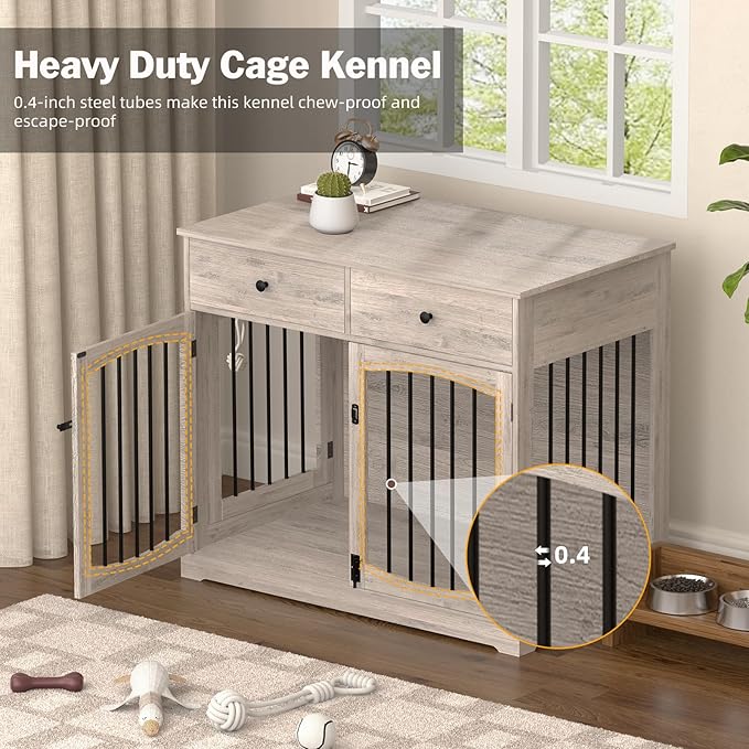 40 Inch Furniture-Style Dog Crate-Multipurpose Wood Pet Crate Furniture with Double Doors,2 Drawers, Decorative Dog House Indoor for Smal/Medium Dogs, Gray Finish-PawvioPets