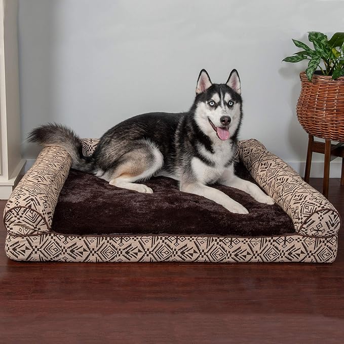 Furhaven Orthopedic Dog Bed for Large Dogs w/ Removable Bolsters & Washable Cover, For Dogs Up to 95 lbs - Plush & Southwest Kilim Woven Decor Sofa - Desert Brown, Jumbo/XL-PawvioPets