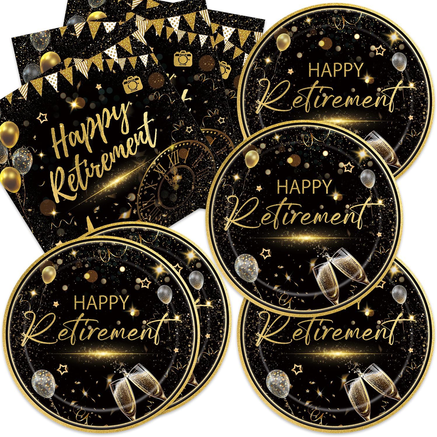 40pcs Happy Retirement Party Supplies Decorations Set, Black Gold Happy Retirement Plates and Napkins for Men and Women, Suitable for 20 Guests