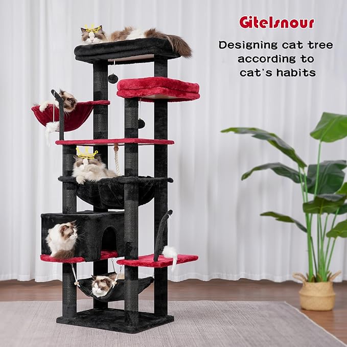 Gothic Cat Tree, Cat Tower for Large Cats with 2 Big Platforms, 2 Baskets, condo and Toys, 63" Cat Scratching Posts for Indoor Cats, Black and red GCT020BR-PawvioPets