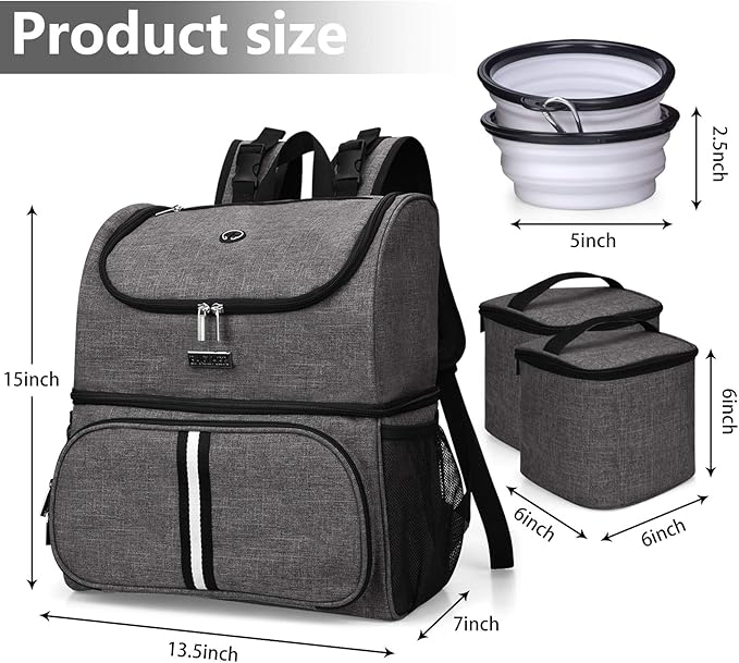 BAGLHER Pet Travel Bag, Double-Layer Pet Supplies Backpack (for All Pet Travel Supplies), Pet Travel Backpack with 2 Silicone Collapsible Bowls and 2 Food Baskets Grey-PawvioPets