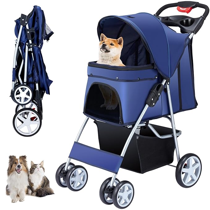 4 Wheels Pet Stroller for Small Medium Dogs Cats 10-33 lbs, Foldable Dog and Cat Stroller with Cup Holder & Storage Basket & Breathable Mesh, Pet Strolling Cart for All-Season, Navy Blue-PawvioPets