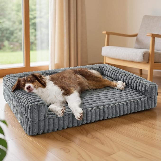 Bedsure Orthopedic Dog Beds Large Sized Dog, Waterproof Memory Foam Pet Bed with Sides, Non-Slip Bottom and Egg-Crate Foam Large Pet Couch Sofa with Washable Removable Corduroy Cover, Grey-PawvioPets