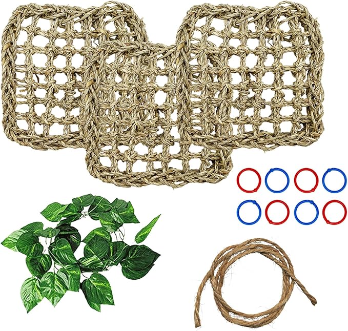 BNOSDM Bird Seagrass Mat, 3 PCS 7.1 x 7.1 Inches Parrot Natural Seagrass Woven Bird Net Hammock Mat, Parakeet Climbing Rope Ladder Chew Toys Hut Hideout for Lovebird Cockatiel Conure Budgie-PawvioPets