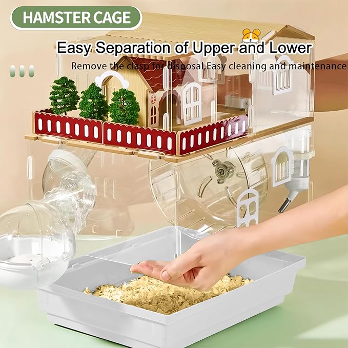 12 in 1 Clear Acrylic Hamster Cage with All Accessories,13.5''L* 10''W* 15''H Dwarf Hamster Cage,Magnetic Connection Small Hamster Enclosure,Garden Style Wooden Mouse Cage for Pet Mice(2-Layer,White)-PawvioPets