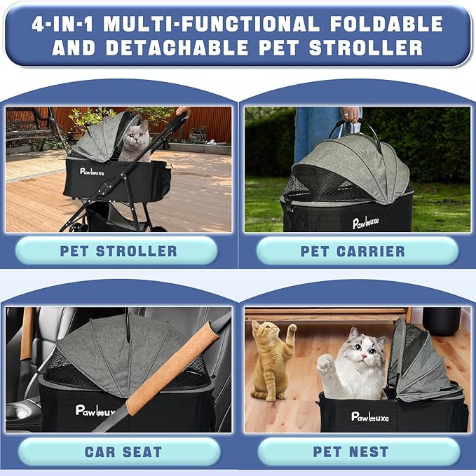 4 Wheels Pet Stroller 4 in 1 Pet Stroller with Detachable Carrier for Small & Medium Dogs Cats up to 55 lbs Easy-Folding Travel Dog Wagon with Car Seat Breathable Mesh,Gray-PawvioPets