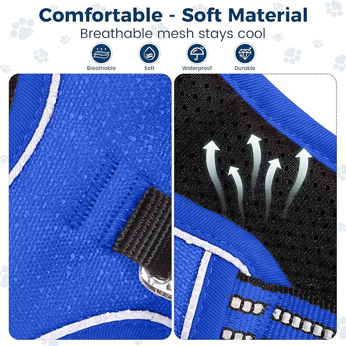 Funfox Dog Harness No Pull, Adjustable Pet Vest Harness, Super Soft Material with Vertical Handle Easy Control, Reflective Night Walking, 2 Leash Clips for Small Sized Dogs, Blue, S-PawvioPets