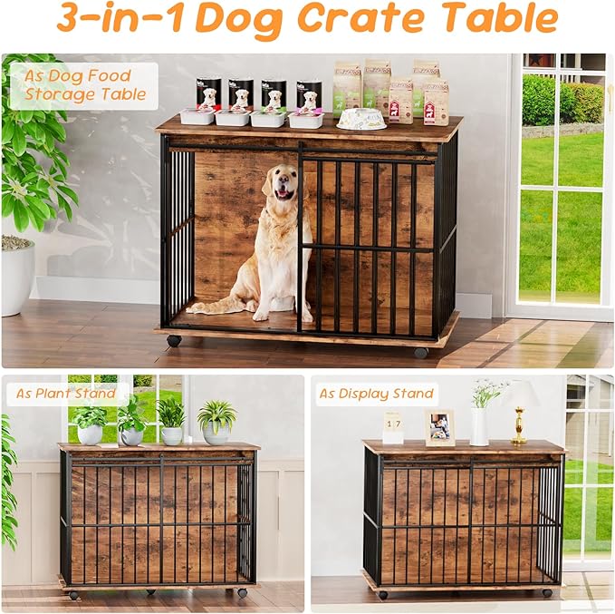 43.7" Dog Crate Furniture, XL Dog Crate Dog Kennel Indoor with Wheels for Large Medium Small Dogs, Wooden Dog Kennel End Table with Sliding Door Wooden Furniture Crates for Living Room, Bedroom-PawvioPets