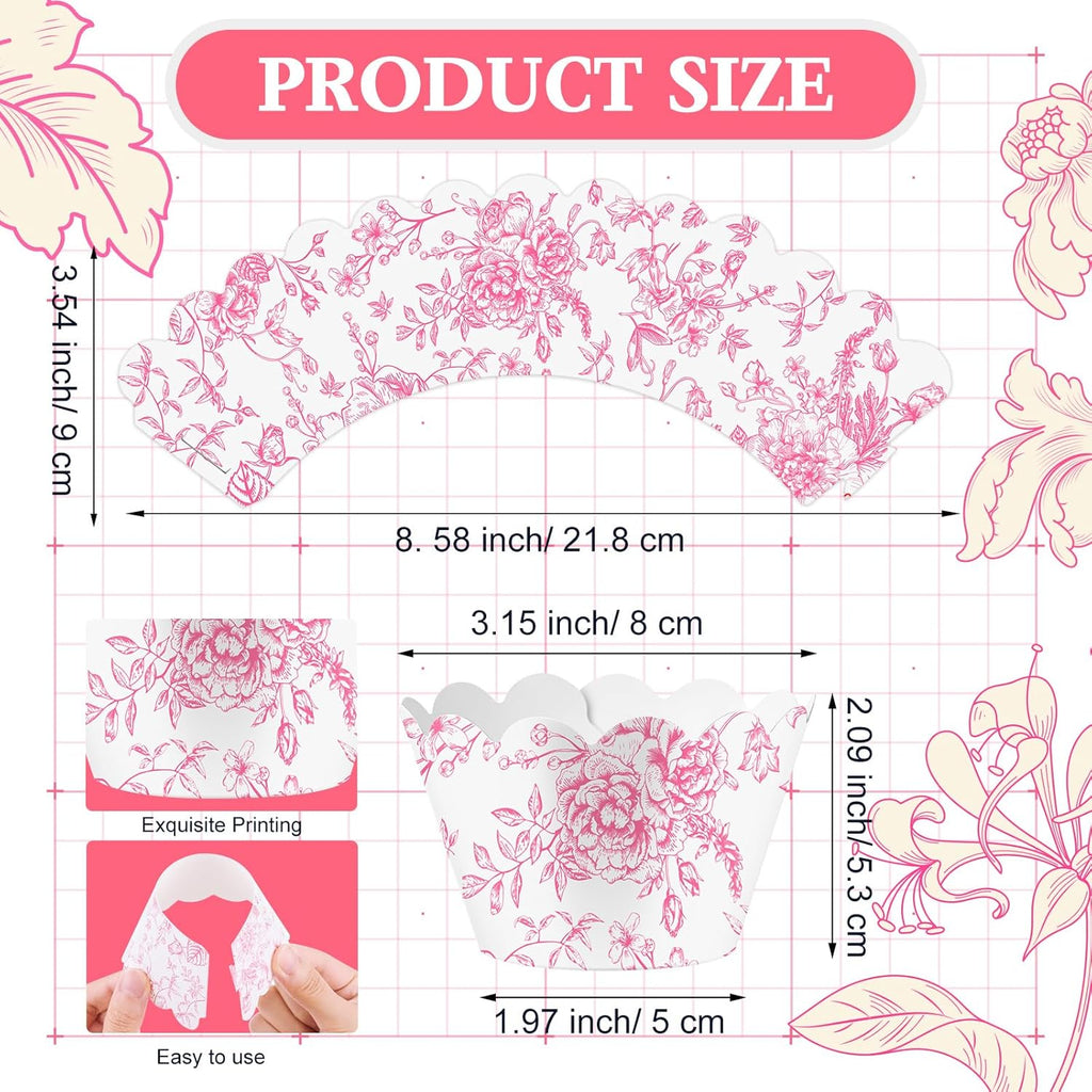 Domensi 100 Pcs Pink Floral Cupcake Wrappers Rustic Cupcake Liners Pink Baking Cups Flower Baking Liners for Wedding Bridal Baby Shower Birthday Party Supplies Dessert Decoration