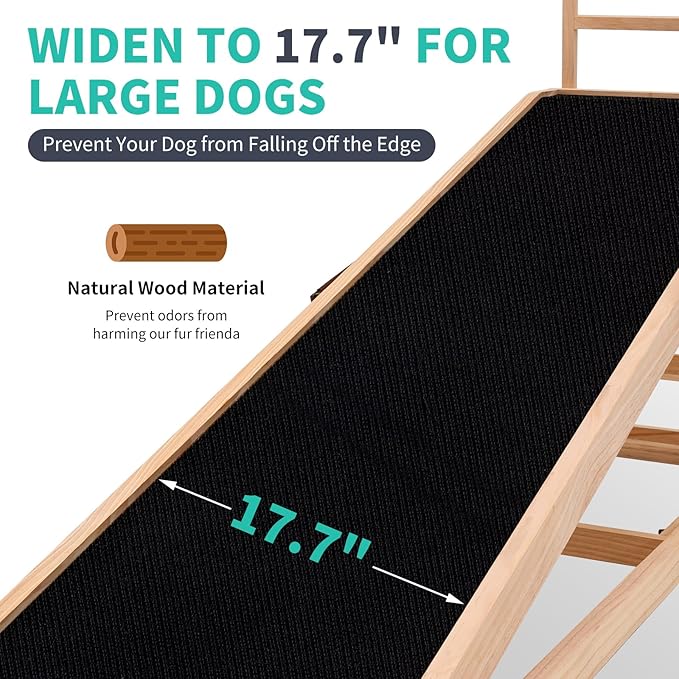 Dog Ramp, 5 Level Adjustable Height Folding Pet Ramp for High Bed, Portable Paw Ramps Large Bed Ramp for Medium & Large Old Dogs & Cats - Natural Wood Furniture Quality-PawvioPets
