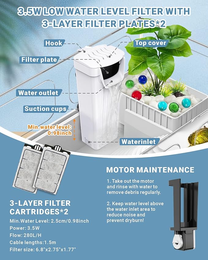 GOZILLA Small Turtle Tank Kit(Tank+Lamp+Filter), Acrylic Turtle Starter Kit with Adjustable Lamp, Reptile Habitat and Terrarium with Multi-Functional Areas for Small Reptiles. (White Kit)-PawvioPets