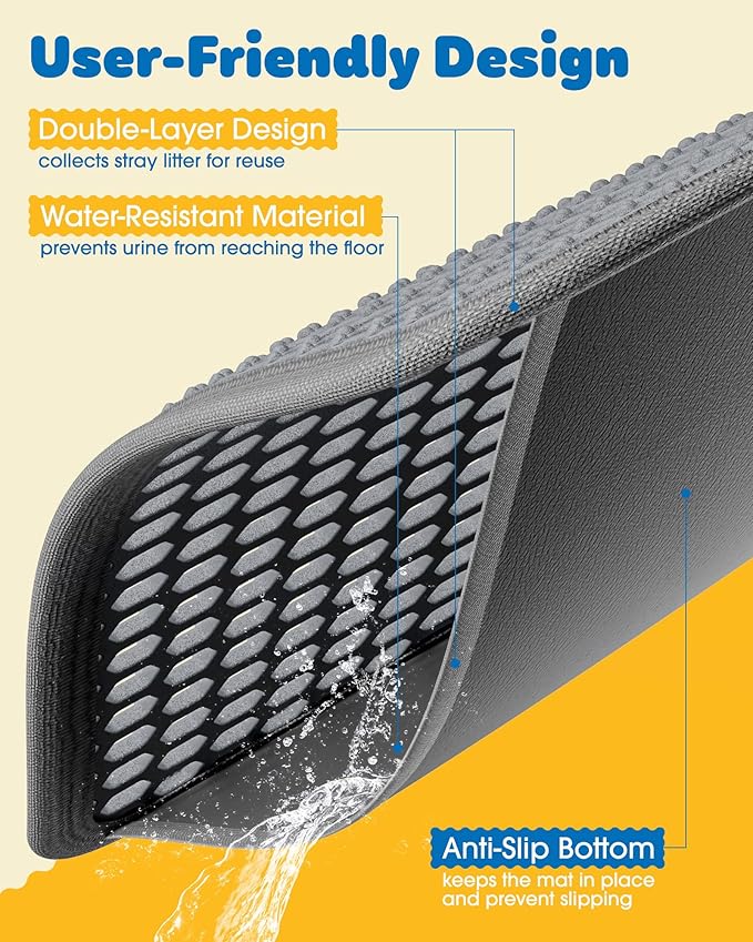 35" x 30" Cat Litter Mat - Ultra-Large Litter Box Mat with Double Layers, Urine-Proof and Non-Slip Litter Trapping Mat, Easy to Clean Kitty Litter Mats for Floor, Scatter Control, Grey-PawvioPets