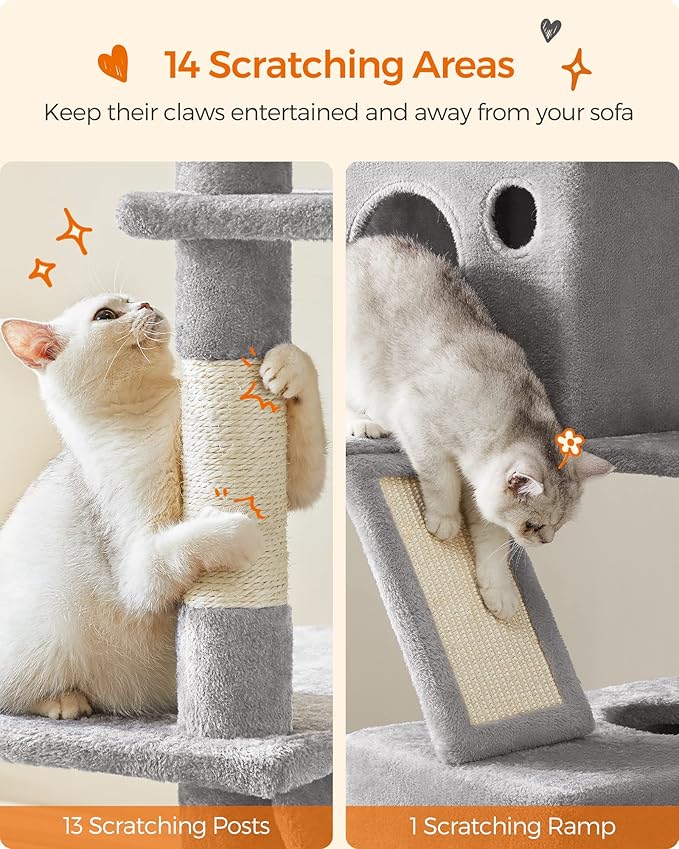 Feandrea Cat Tree, 81.1-Inch Large Cat Tower with 13 Scratching Posts, 2 Perches, 2 Caves, Basket, Hammock, Pompoms, Multi-Level Plush Cat Condo for Indoor Cats, Light Gray UPCT190W01-PawvioPets