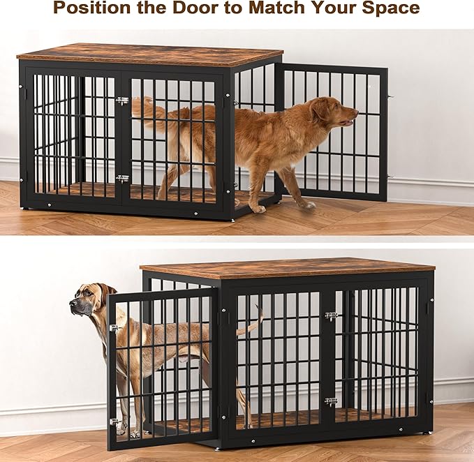 48 Inch Rustic Heavy Duty Dog Crate Furniture for Extra Large Dogs, Decorative Pet House End Table, Wooden Cage Kennel Furniture Indoor, Black and Brown-PawvioPets