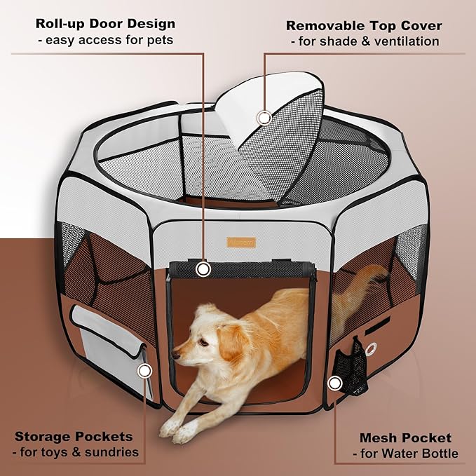 Dog Playpen, Portable Pet Play Pen for Cat, Puppies, Rabbits, Chickens, Foldable Large-Capacity Pet Tent for Indoor/Outdoor Travel Camping Brown-PawvioPets