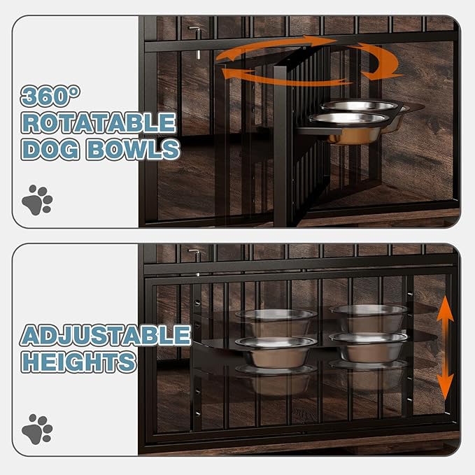 86.6Inch Large Double Dog Crate Furniture,Heavy Duty Metal Frame Dog Crate Kennel with Adjustable Feeder Bowls and Removable Divider&Drawers,Chew-Resistant Dog Kennel for 2 Dogs Indoor-PawvioPets