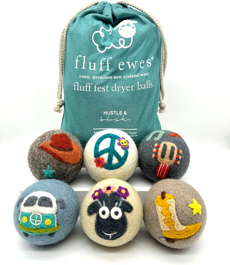 Fluff Ewes Wool Dryer Balls 6 Pack Premium New Zealand Wool Laundry Balls for Dryer, No Static Dryer Balls Laundry Reusable, XL Wool Dryer Balls Cute, Baby Dryer Balls for Dryers - Fluff Fest-PawvioPets