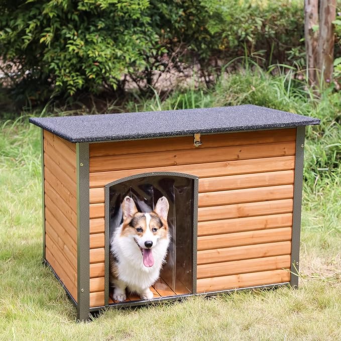 Aivituvin Dog House Outdoor & Indoor Wooden Dog Kennel for Winter with Raised Feet Weatherproof for Small & Medium & Large Dogs,Unique All-Around Iron Frame…-PawvioPets