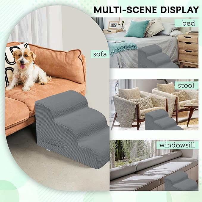 Dog Stairs & Steps for High Beds, 2 Steps High Density Foam Waterproof Dog Ramp for Small Dogs and Cats, Pet Stairs with Removable Washable Cover for Bed, Couch, Sofa and Car (H: 11.8")-PawvioPets