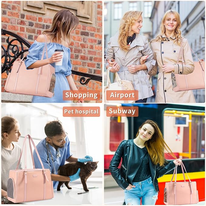 Fashion Dog Purse Pet Carrier Leather Bag for Small Dogs Cats Puppy, Portable Tote Bag Airline Approved Soft-Sided Carriers (Pink)-PawvioPets