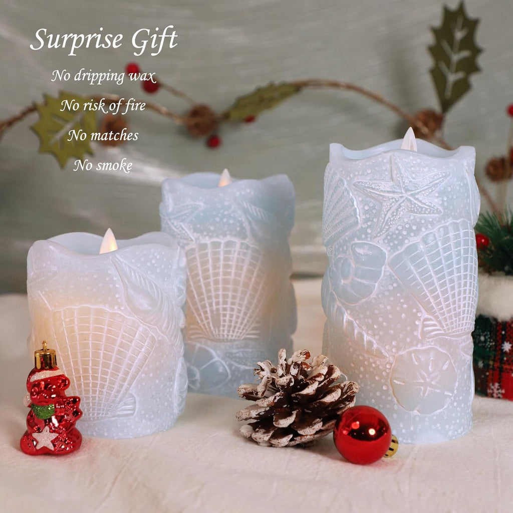 Silverstro Ocean Flameless Candles Remote Carved Seashell Real Wax Flicker Battery Operated Candles for Home Party Wedding Nautical Thanksgiving Christmas Easter Decor - Set of 3(Blue)