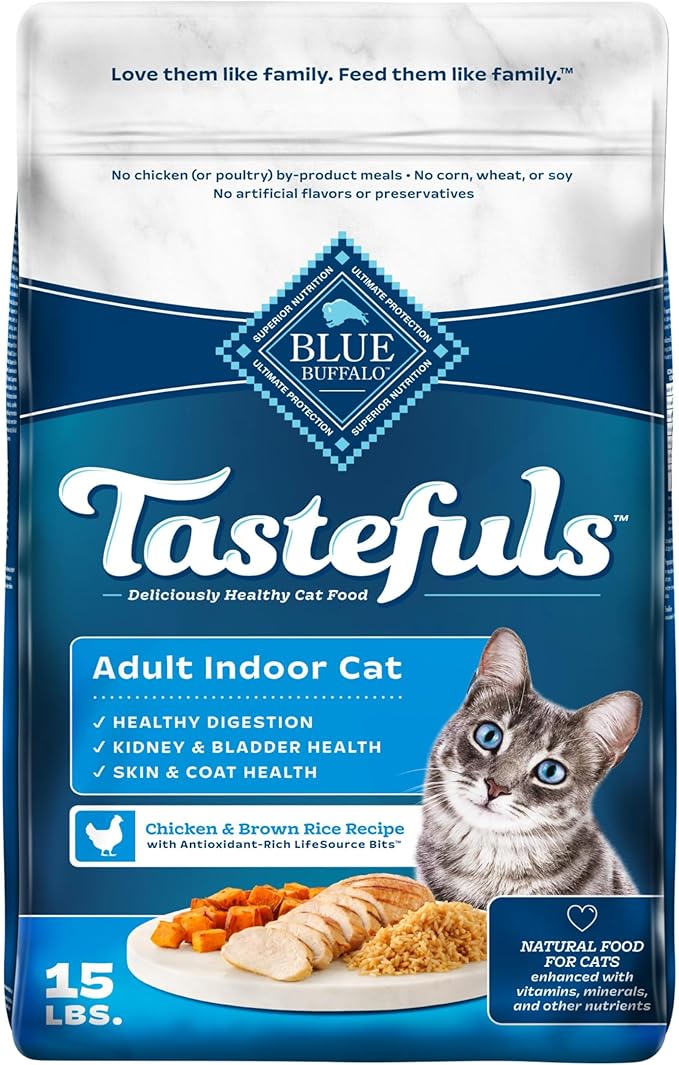 Blue Buffalo Tastefuls Natural Dry Food for Adult Indoor Cats, Chicken & Brown Rice Recipe, 15-lb. Bag-PawvioPets