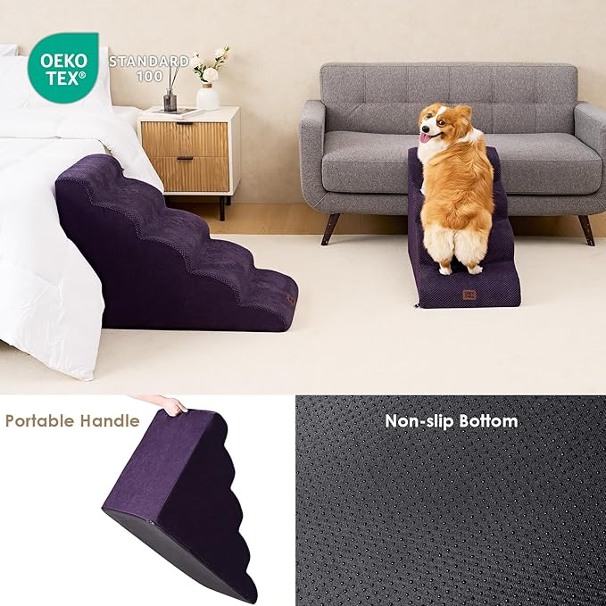 EHEYCIGA Curved Dog Stairs Ramp for High Beds 19.7" H, 4-Step Dog Steps for Small Dogs and Cats, Pet Stairs for High Bed Climbing, Non-Slip Balanced Pet Step Indoor, Purple-PawvioPets