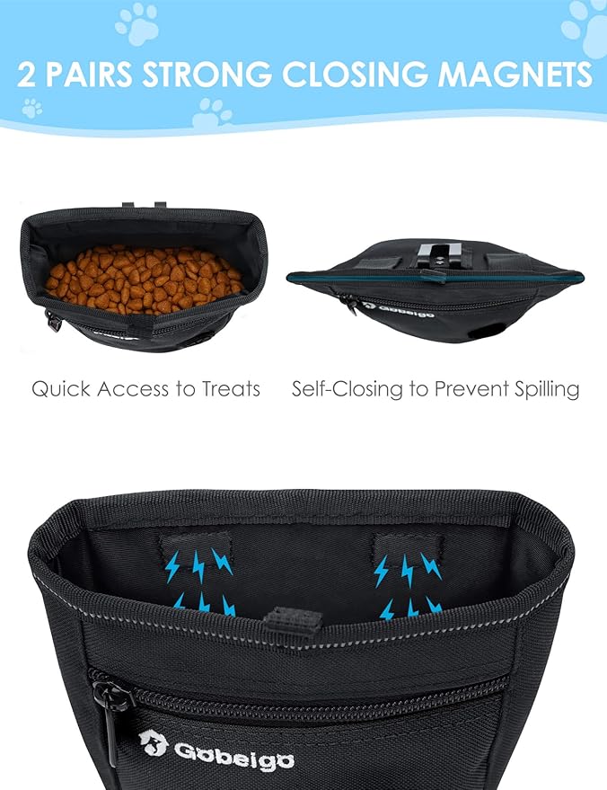 Gobeigo Dog Treat Pouch and Training Clicker, Upgrade Two Magnetic Closure to Prevent Spills, 2 Cup Treat Bag with Poop Bag Dispenser, Metal Clip Waist Belt Fanny Pack for Pet Walk (Black)-PawvioPets