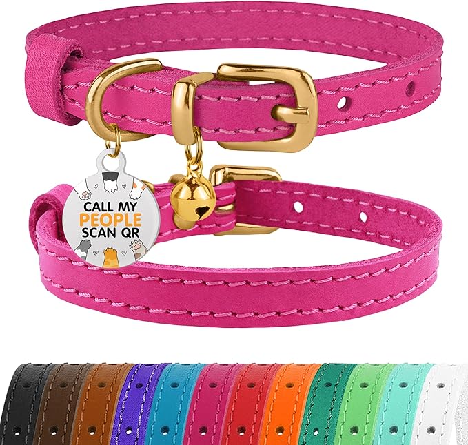 BRONZEDOG Leather Cat Collar with Removable Bells Non Breakaway Kitten QR Tag for Girl Boy (9" - 12" Cats/Mini Dogs, Pink & Gold)-PawvioPets