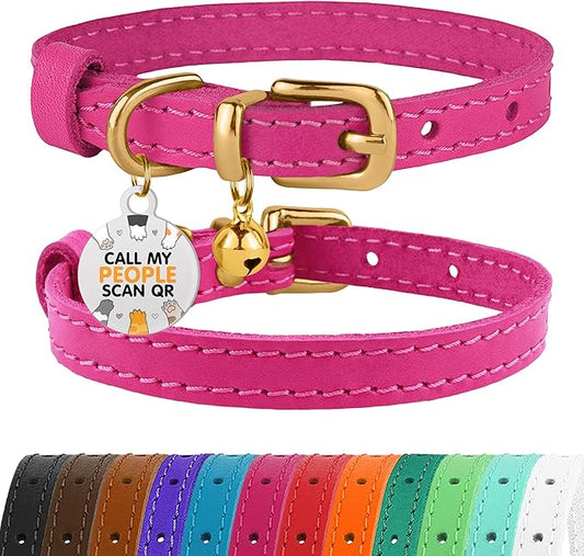 BRONZEDOG Leather Cat Collar with Removable Bells Non Breakaway Kitten QR Tag for Girl Boy (9" - 12" Cats/Mini Dogs, Pink & Gold)-PawvioPets