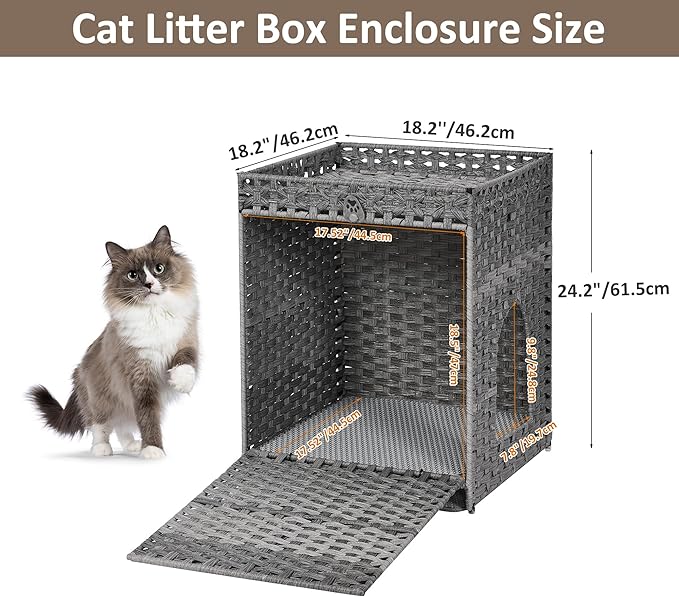 Cat Litter Box Enclosure with Soft Litter Mat; Hidden Kitten Washroom Furniture with Door; Handwoven Rattan Cat House; Pet Crate for Living Room, Bedroom, Balcony (Grey)-PawvioPets