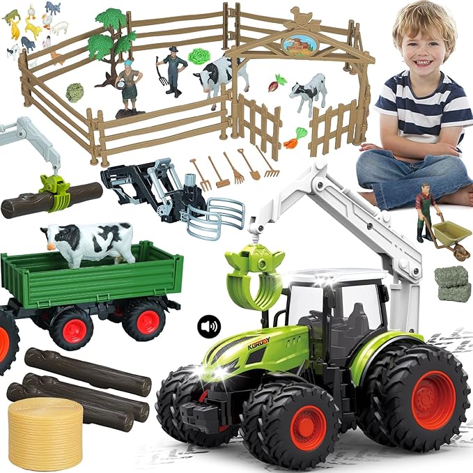 46Pcs Farm Toys, Tractor Toy w/Lights & Sound, Farm Animals Toys for 3 4 5 6 7 8+ Year Old Toddler Girls Boys Kid, Figures Farmer Vehicle Truck Fence Farm Playset Educational Learning Toys-PawvioPets