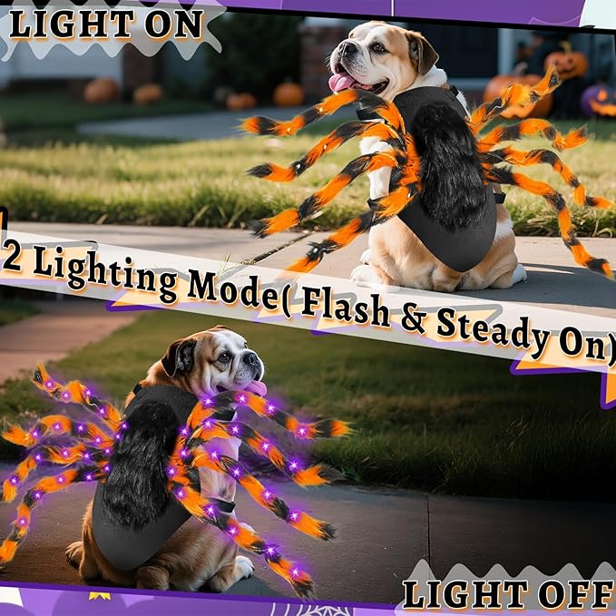 Camlinbo 24 LED Spider Dog Halloween Costume for Small Medium Large Dogs, Furry Spider with LED Lights Puppy Pet Costume Outfits Clothes Funny Halloween Costume Party Cosplay-PawvioPets