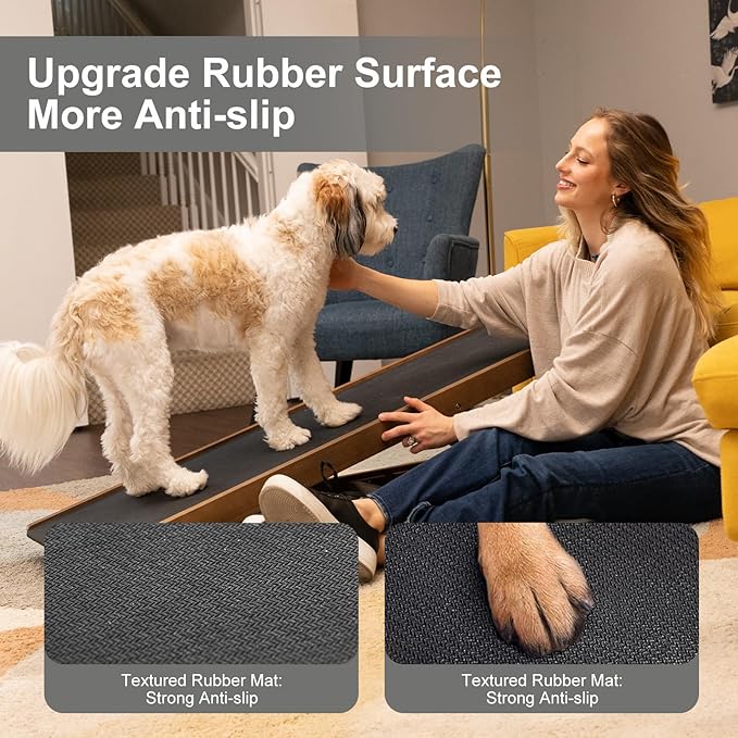 ABORON Folding Pet Ramp, 5-Level Adjustable Dog Ramp for Bed, Couch, SUV - High Traction Rubber Surface, Supports up to 200 lbs, 45.2" Long - Ideal for Small & Large Dogs & Cats,Brown Finish-PawvioPets