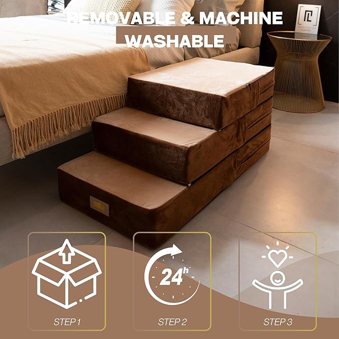 All-in-One Adjustable Dog Stairs – 5-Step Premium Pet Ramp for Small to Large Dogs – Sturdy, Non-Slip & Versatile for Beds, Sofas & More - Soft Cover, Modern Design (Brown)-PawvioPets