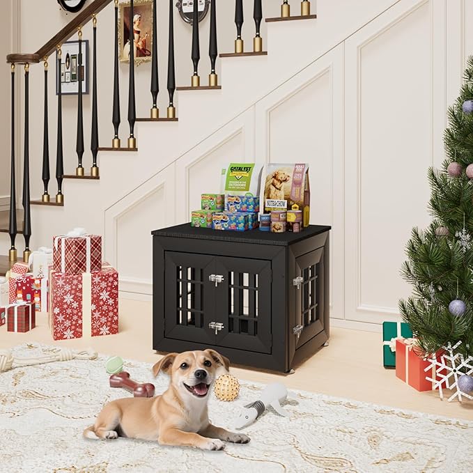 26" Heavy Duty Dog Crate Furniture for Small,Medium and Large Dogs,Rustic Wooden Dog Cage Kennel Indoor Furniture with Waterproof Top,Decorative Pet House Side End Table (Black)-PawvioPets