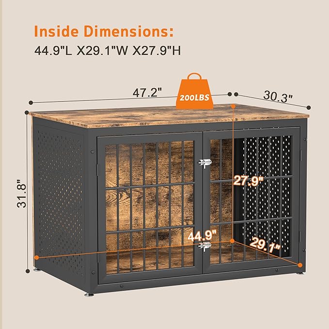 48" Rustic Heavy Duty Dog Crate Furniture for Extra Large Dogs, Metal Kennel for High Anxiety Dogs, Wooden Cage Furniture Indoor, Decorative Dog Kennel End Table, XL-PawvioPets