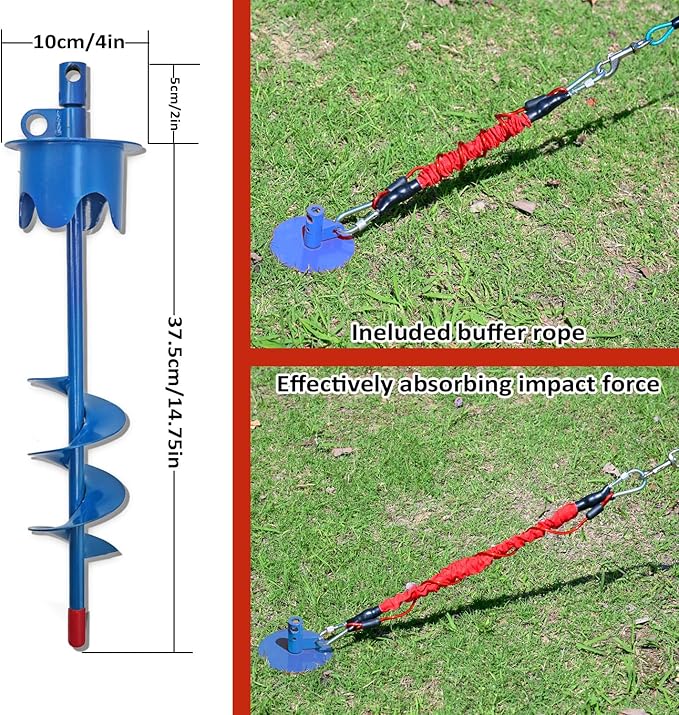 Dog Stakes for Outside Heavy Duty Hold up to 350Lbs Large Dogs Tie Out Tether Leash Chain for Yard Screw in Ground Anchors 17inch with Buffer Rope, Blue, 25 FT Steel Cable-PawvioPets