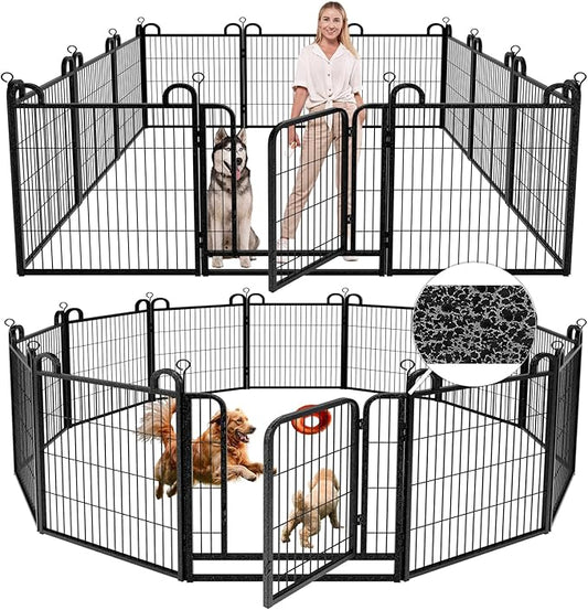 Dog Playpen Outdoor 12 Panels Heavy Duty Dog Fence 32" Height Anti-Rust with Doors Portable for RV Camping Yard, Total 27FT, 58 Sq.ft, Snowy Black-PawvioPets