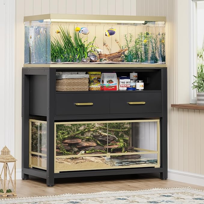 40-50 Gallon Fish Tank Stand with Power Outlet & 2 Storage Drawers, Heavy Duty Metal Frame Aquarium Stand with Waterproof Mat, 36.6" L*19.1" W Tabletop, 800LBS Capacity, Black-PawvioPets