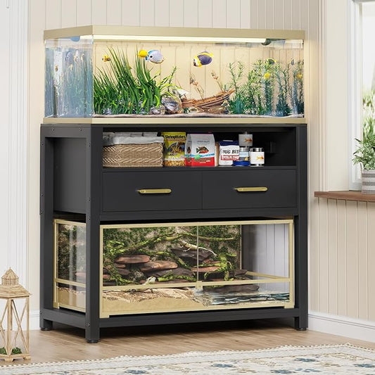 40-50 Gallon Fish Tank Stand with Power Outlet & 2 Storage Drawers, Heavy Duty Metal Frame Aquarium Stand with Waterproof Mat, 36.6" L*19.1" W Tabletop, 800LBS Capacity, Black-PawvioPets