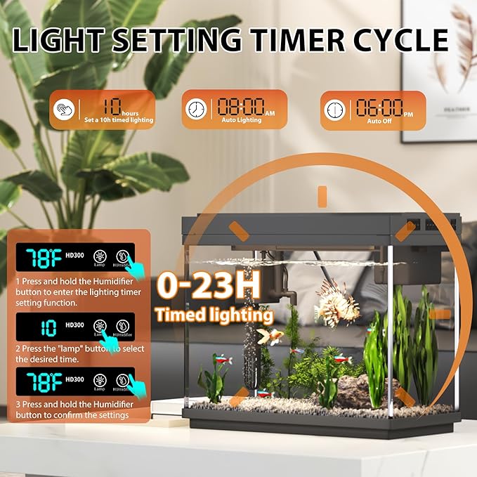 Fish Tank, 2.4 Gallon Fish Aquarium, Fish Tank Starter kit with Smart Humidifier, Temperature Display, 7-Color Lighting, 3 in 1 Quiet Pump with Filteration & Oxygenation & Circulation-PawvioPets