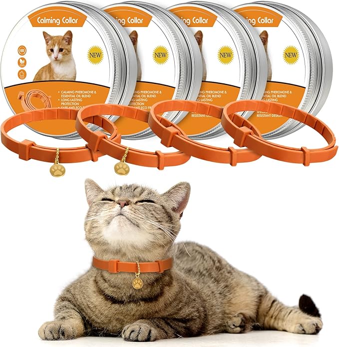 4 Pcs Cat Calming Collar Adjustable Lavender Scent Relaxing Cat Collar with 2 Pendant for Puppies Reduce Stress Aggression Anxious, up to 15 Inches(Orange)-PawvioPets