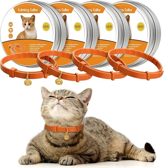 4 Pcs Cat Calming Collar Adjustable Lavender Scent Relaxing Cat Collar with 2 Pendant for Puppies Reduce Stress Aggression Anxious, up to 15 Inches(Orange)-PawvioPets