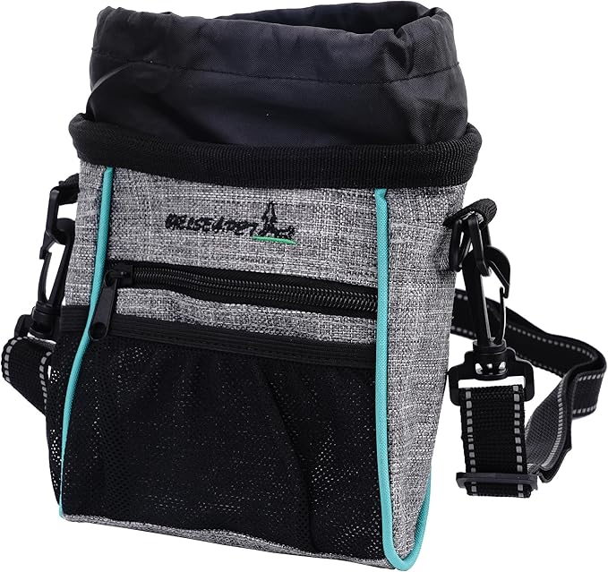 Dog Treat Pouches Training Walking Bag with Shoulder Strap, Large Space for Pets Food, Polyester Fabric, 3-Way Wearing Design, Portable Pet Bagand Easy to Clean, Black with Grey-PawvioPets