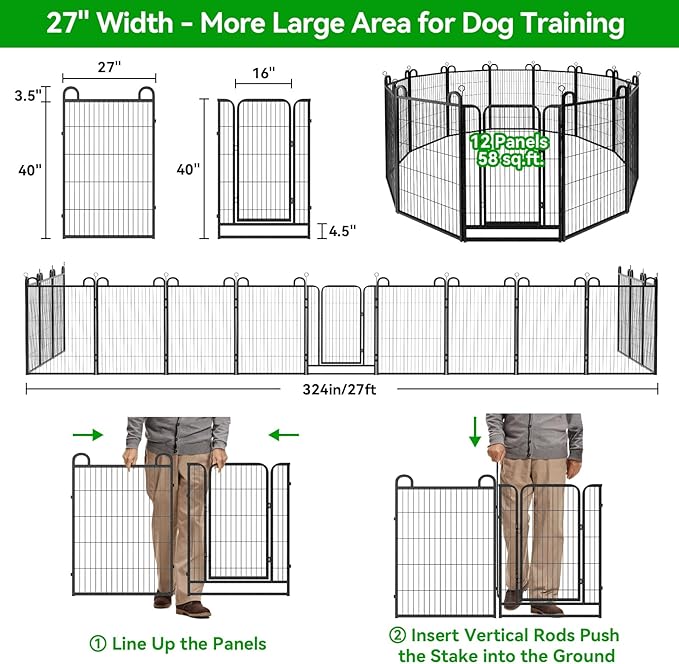 Dog Playpen Outdoor 12 Panels Heavy Duty Dog Fence 40" Height Anti-Rust with Doors Portable for RV Camping Yard, Total 27FT, 58 Sq.ft, Snowy Black-PawvioPets
