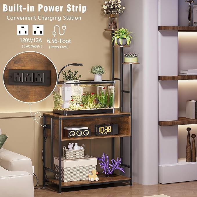 Aquarium Stand with Plant Shelves,20-Gallon Fish Tank Stand with 2-Tier Storage and Display Racks,Metal Frame Reptile Tank Table with Tall Plant Holders,Industrial Rack for Home,Office-PawvioPets