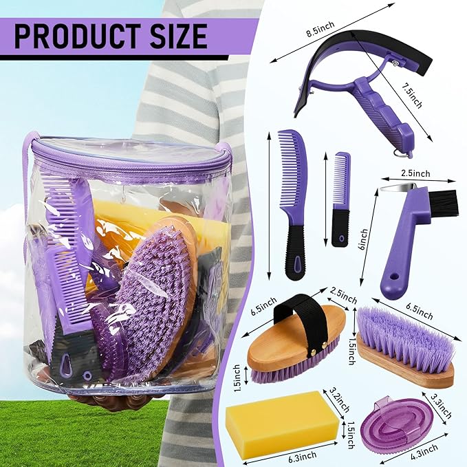 9 Pieces Horse Grooming Kit Tack Room Supplies Set with Organizer Tote Bag, Oval Massage Curry, Hard and Soft Brush, Hoof Pick, Sweat Scraper, Bathing Sponge, Combs for Horse Riders Beginners (Purple)-PawvioPets