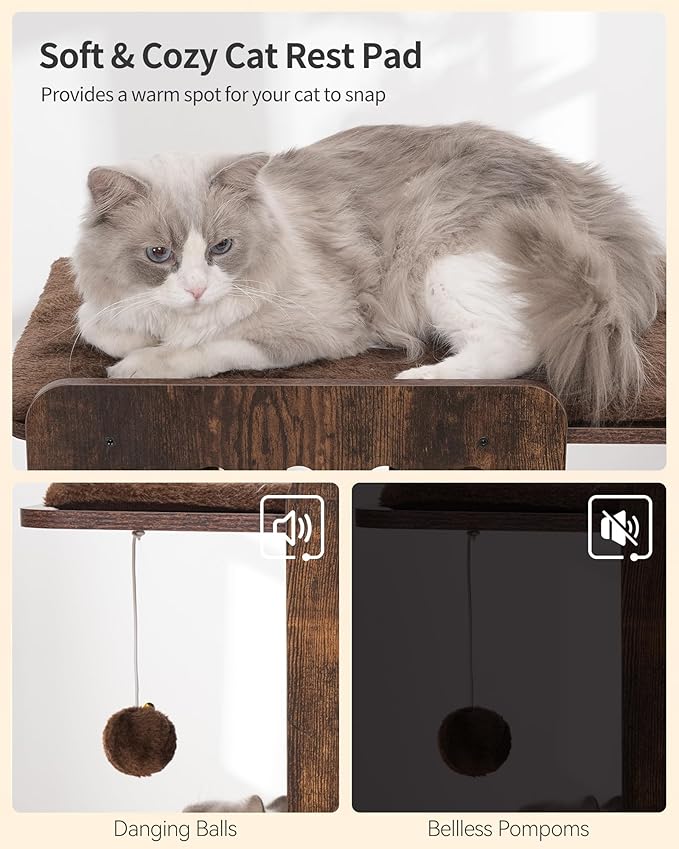 FourFurPets Modern Cat Tree, 58-Inch Cat Tower for Large Cats, Maine Coon Cat Tree with Scratching Board, Large Perch, Hammock and Removable Pads, Rustic Brown-PawvioPets